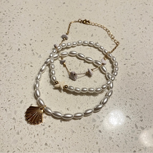 3pcs/Set White Starfish Pearl Beaded Gold Seashell Stone Chain Anklet - Picture 5 of 10